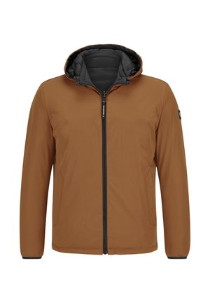 Leichte braune Jacke mit einer schwarzen, gesteppte Kapuze, vollem Frontreißverschluss, Seitentaschen und einer glatten, wasserabweisenden Außenseite.