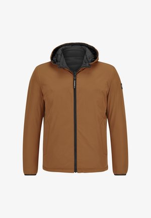 Leichte braune Jacke mit einer schwarzen, gesteppte Kapuze, vollem Frontreißverschluss, Seitentaschen und einer glatten, wasserabweisenden Außenseite.