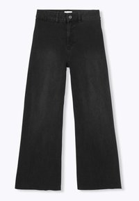 Jeans en denim noirs à jambes larges avec une taille haute, dotés d'une fermeture à bouton et d'un design à cinq poches. Texture subtile avec une finition lisse.
