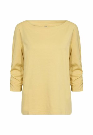 Gelbes, langärmeliges Oberteil mit weitem U-Boot-Ausschnitt und gerafften Details an den Ärmeln, aus weichem, leichtem Stoff. Glatte Textur.