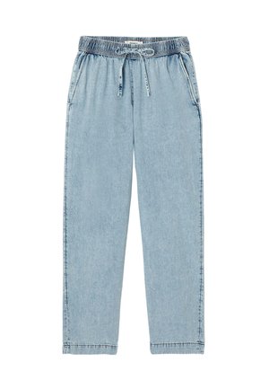 Pantalon de jogging en denim bleu clair avec taille élastique et cordon, avec poches latérales et jambes droites.