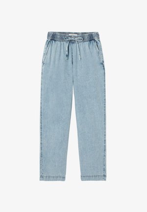 Pantalon de jogging en denim bleu clair avec taille élastique et cordon, avec poches latérales et jambes droites.