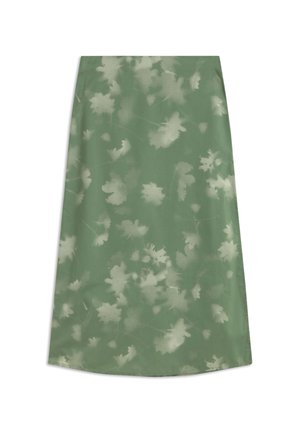 Zelená midi sukňa s jemným svetlým kvetinovým vzorom a priamym, mierne áčkovým strihom.