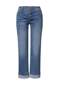 Blue denim cropped jeans with double button closure and rolled cuffs, showing front pockets and light fading on thighs.