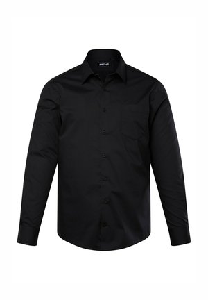 Schwarzes Langarmhemd mit Button-Down-Kragen, einzelner Brusttasche und durchgehender Knopfleiste. Glattes Gewebe in einfarbiger Ausführung.