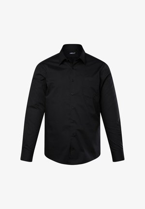 Schwarzes Langarmhemd mit Button-Down-Kragen, einzelner Brusttasche und durchgehender Knopfleiste. Glattes Gewebe in einfarbiger Ausführung.