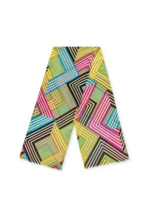 Multikleurige sjaal met geometrische patronen in groen, roze, blauw en zwart. Gemaakt van lichtgewicht stof met franjes aan de randen.