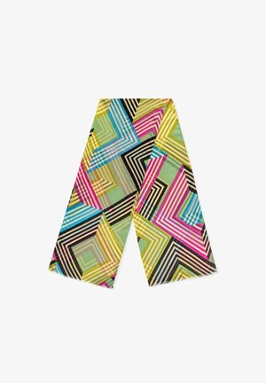 Multikleurige sjaal met geometrische patronen in groen, roze, blauw en zwart. Gemaakt van lichtgewicht stof met franjes aan de randen.