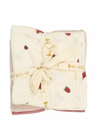 Kolm musliinkangast pastelltoonides, mille seas on kreemjas kangas vaarikaprintidega, kinni seotud dekoratiivse paelaga.