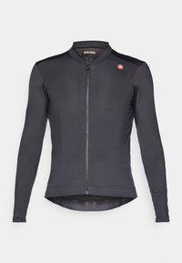 Langarm-Radtrikot in Dunkelgrau mit hohem Kragen, durchgehendem Reißverschluss und dezentem Logo auf der oberen rechten Seite, das ein tailliertes Design aufweist.