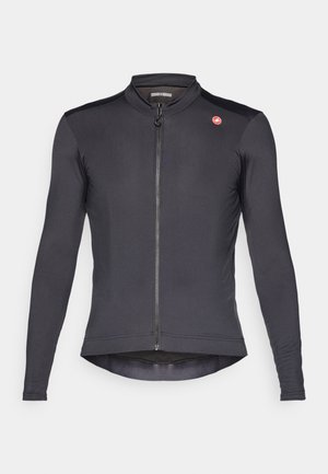 Langarm-Radtrikot in Dunkelgrau mit hohem Kragen, durchgehendem Reißverschluss und dezentem Logo auf der oberen rechten Seite, das ein tailliertes Design aufweist.