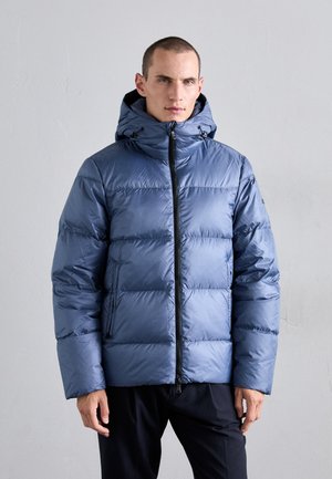 Padded blue jacket with a hood, featuring a front zipper, side pockets, and elastic wrist cuffs. Textured nylon exterior with a shiny finish.