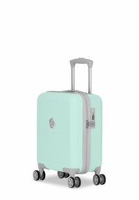 Harde carry-on koffer in mintgroen, met een gestructureerd hexagonaal patroon, zilveren hardware en vier 360-graden spinnerwielen.