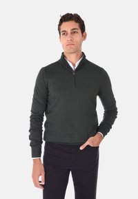 Pullover verde scuro a maniche lunghe con colletto a zip e coste sui polsini e sull'orlo, indossato sopra una camicia bianca con colletto.