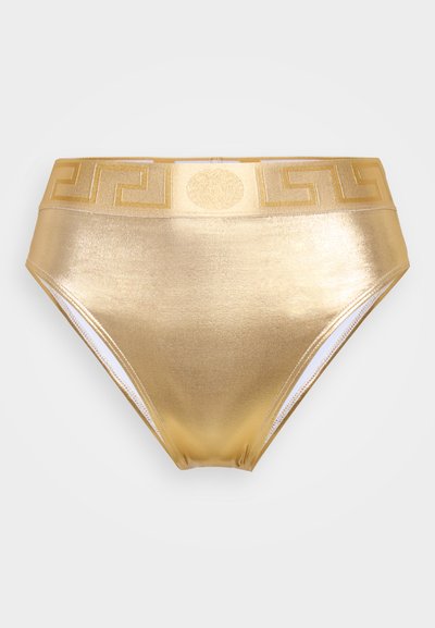 Gold metallic high-waisted bikini bottom with a patterned elastic waistband featuring Greek key design and a smooth, shiny texture.