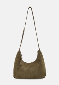 Borsa a tracolla in camoscio verde oliva con silhouette curva, chiusura con zip e tracolla regolabile, caratterizzata da un delicato motivo strutturato.