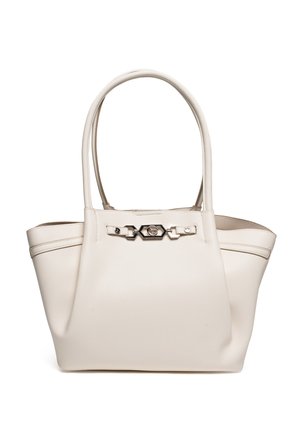 Borsa a mano in pelle color crema con doppi manici e una chiusura decorativa argentata al centro frontale.