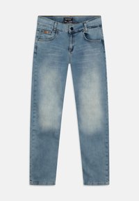 Jeans in denim azzurro chiaro con una finitura sbiadita, cinque tasche e design a gamba dritta. Dotati di chiusura frontale con bottone e zip.