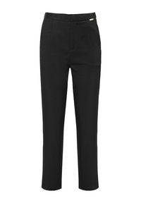 Pantaloni neri su misura con vestibilità slim, caratterizzati da una texture liscia, una parte anteriore plissettata e un sottile accento dorato in vita.