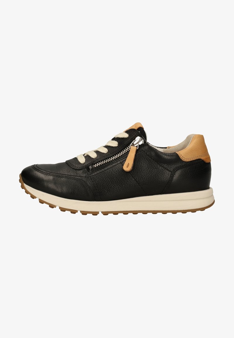 Sneakers in pelle nera con accenti beige, dotati di una cerniera laterale, lacci crema e una parte superiore testurizzata. Suola in gomma con motivo di aderenza.
