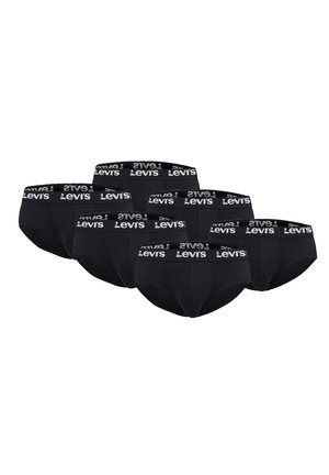 Six black Levi's men's briefs with branded elastic waistbands arranged in two rows on a white background.