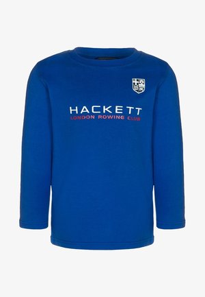 Langærmet blå bomulds skjorte med teksten "HACKETT LONDON ROWING CLUB" i hvid og rød, samt et mærke på venstre bryst.