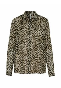 Long-sleeve button-up shirt with a leopard print pattern in shades of brown, black, and beige, featuring a classic collar.