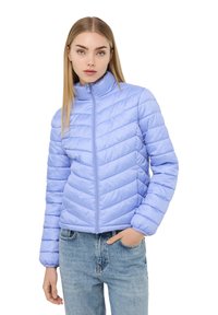 Giacca trapuntata azzurro chiaro con colletto alto, chiusura a zip e motivo a chevron. Il materiale ha una texture liscia e lucida.