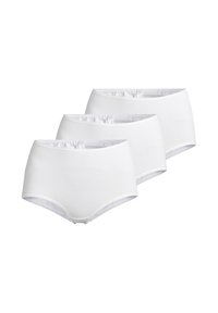 Three pairs of white cotton briefs with a high-waisted design, soft texture, and elastic waistband. Seamless edges for comfort.