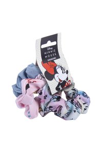 Set di tre elastici in tessuto nei colori rosa, azzurro chiaro e un motivo pastello. Ognuno presenta una texture morbida. Confezionato con un'etichetta decorativa.