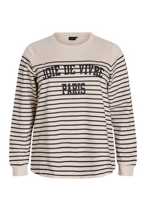 Beige Hemd mit langen Ärmeln und schwarzen horizontalen Streifen, mit dem Text "JOIE DE VIVRE PARIS" über der Brust.