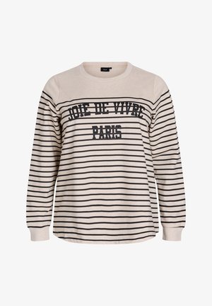 Beżowa koszula z długim rękawem w czarne poziome paski, z napisem "JOIE DE VIVRE PARIS" na klatce piersiowej.