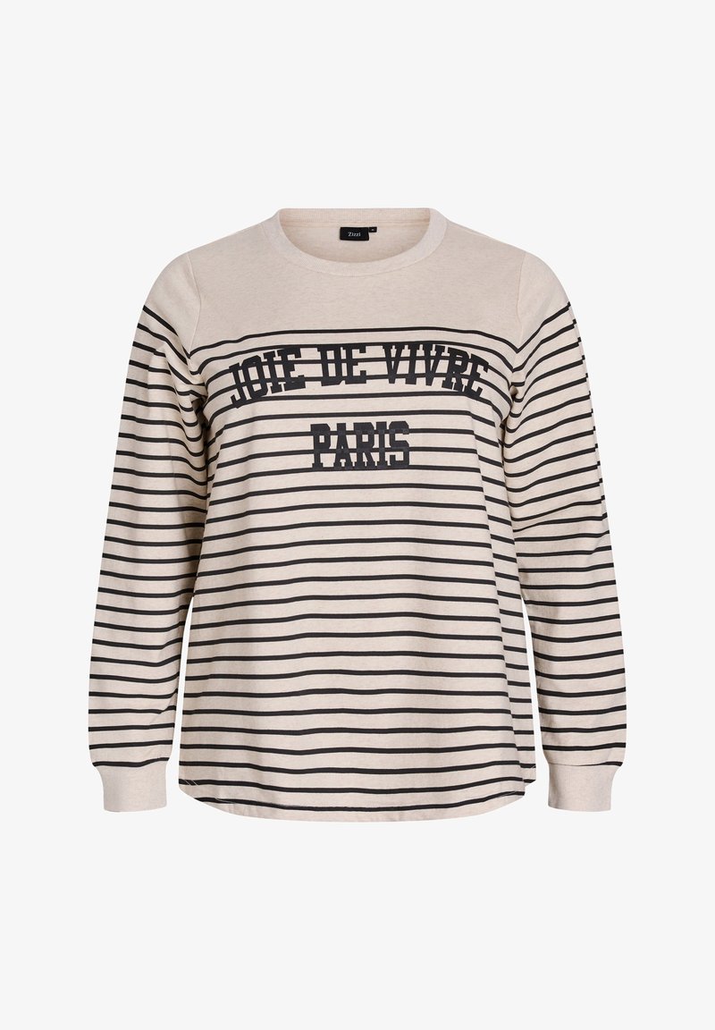 Camisa de manga larga beige con rayas horizontales negras y texto "JOIE DE VIVRE PARIS" en el pecho.