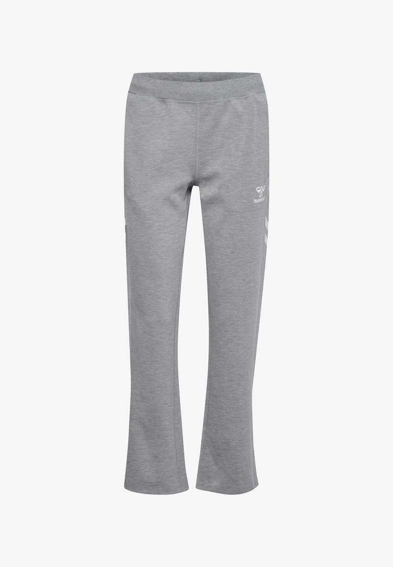 Jasnoszare spodnie sportowe z elastycznym pasem, lekko rozszerzanymi nogawkami i małym białym logo marki na prawej udzie.