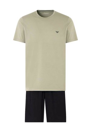 Green cotton t-shirt with short sleeves and a small black logo on the chest, paired with matching black shorts. Simple, casual design.