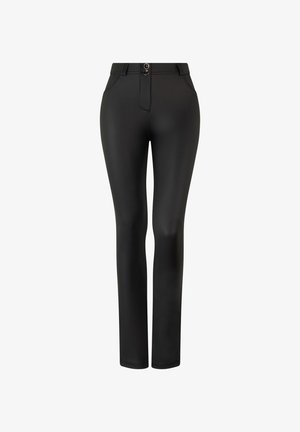 Mustat, slim-fit-housut, joissa on sileä ja kiiltävä pinta. Ominaisuuksiin kuuluvat kaksi nappia vyötäröllä, vyölenkit ja etutaskut.