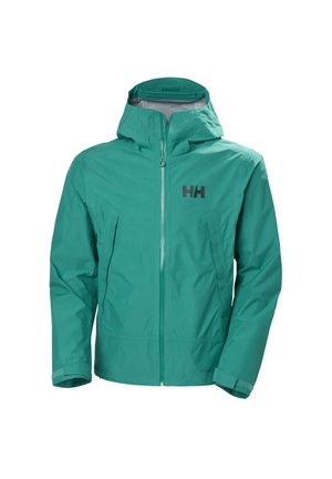 Chaqueta impermeable color teal con capucha, cremallera frontal, puños ajustables y logo HH en el pecho.