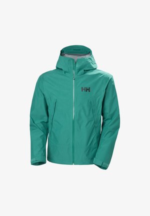 Chaqueta impermeable color teal con capucha, cremallera frontal, puños ajustables y logo HH en el pecho.