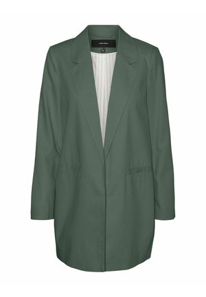 Miško žalios spalvos švarkas su įpjautu apykakle, ilgomis rankovėmis ir dviem priekinėmis kišenėmis. Ypatybės: plisuota kreminė vidinė pamušalas.