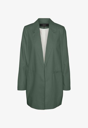 Miško žalios spalvos švarkas su įpjautu apykakle, ilgomis rankovėmis ir dviem priekinėmis kišenėmis. Ypatybės: plisuota kreminė vidinė pamušalas.