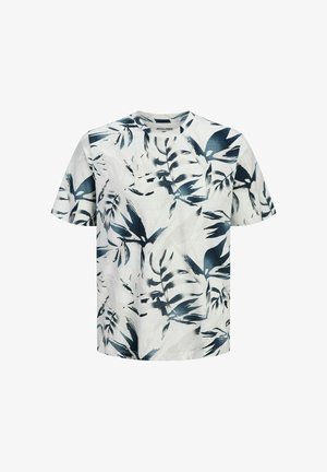 Valge lühikeste varrukatega T-särk, millel on tumelilla ja musta abstraktse troopilise lehekaunistusega muster ning ümar kaelus.