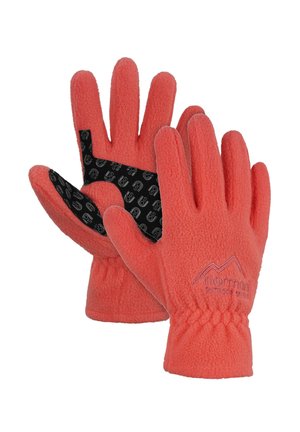 Paar Korallfleece-Handschuhe mit schwarzen Griff-Patches auf den Handflächen und elastischen Handgelenkbändern, geeignet für den Außenbereich.