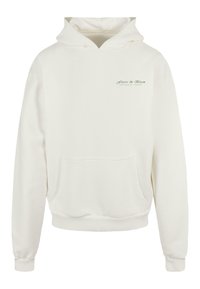 Weißer Kapuzenpullover aus weichem Stoff. Verfügt über eine Vordertasche und gestickten Text in Grün. Lange Ärmel mit Rippbündchen.