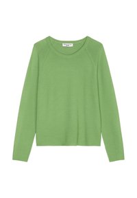 Pull vert à manches longues en tissu doux. Doté d'un col rond côtelé et de manches raglan. Couleur unie simple sans motifs.