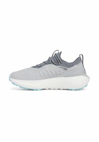 Light gray running shoe with a textured upper, mesh collar, and white midsole. Features a contrasting blue outsole for traction.