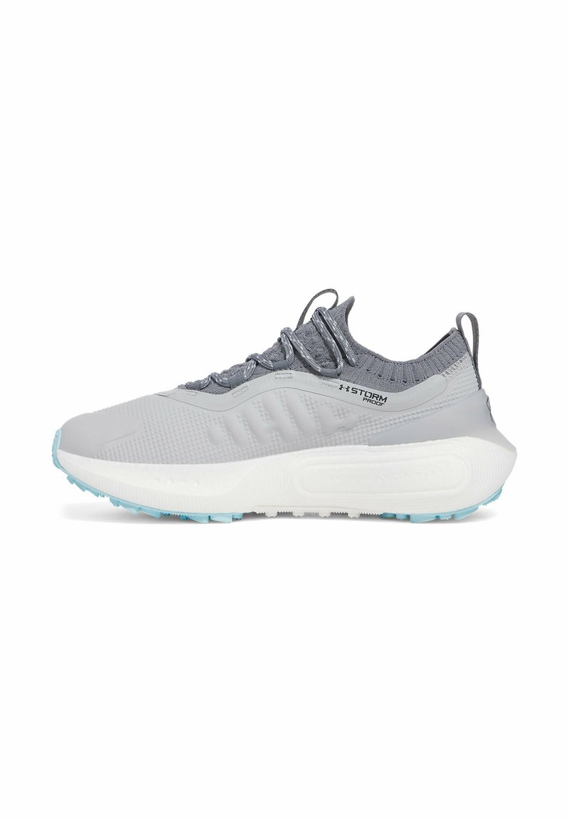 Light gray running shoe with a textured upper, mesh collar, and white midsole. Features a contrasting blue outsole for traction.