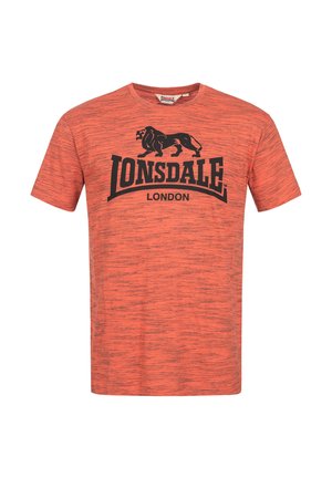 Orange meleret T-shirt med korte ærmer med sort "LONSDALE LONDON" tekst og løve-grafik centreret på brystet.