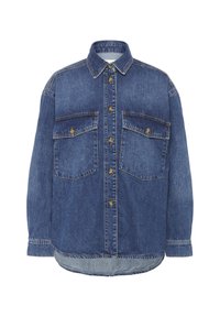 Camicia in denim blu scuro con colletto button-down, due tasche sul petto e dettagli di cucitura a vista; presenta una vestibilità morbida e un orlo dritto.