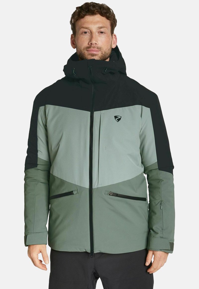 Skijacke mit einem Design aus schwarzen und hellgrünen Farbblöcken, wasserdichtem Material, Reißverschlusstaschen und einer verstellbaren Kapuze.