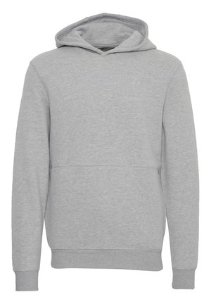 Sudadera con capucha gris hecha de tela suave. Cuenta con un bolsillo canguro y puños acanalados. Diseño simple con un corte relajado.